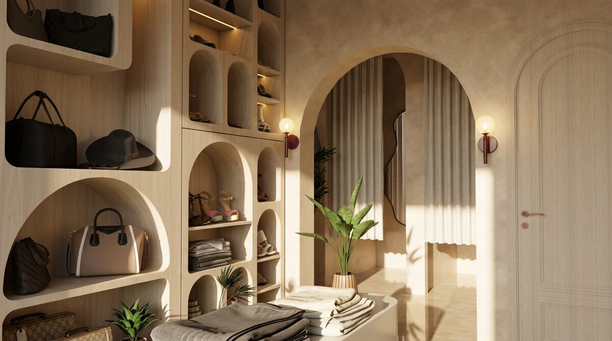Boutique moderne — Mur d’exposition en bois clair, niches arrondies et comptoir central