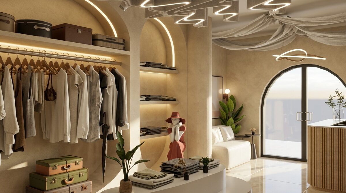Boutique moderne — Portants intégrés, arches lumineuses et accueil près de la vitrine