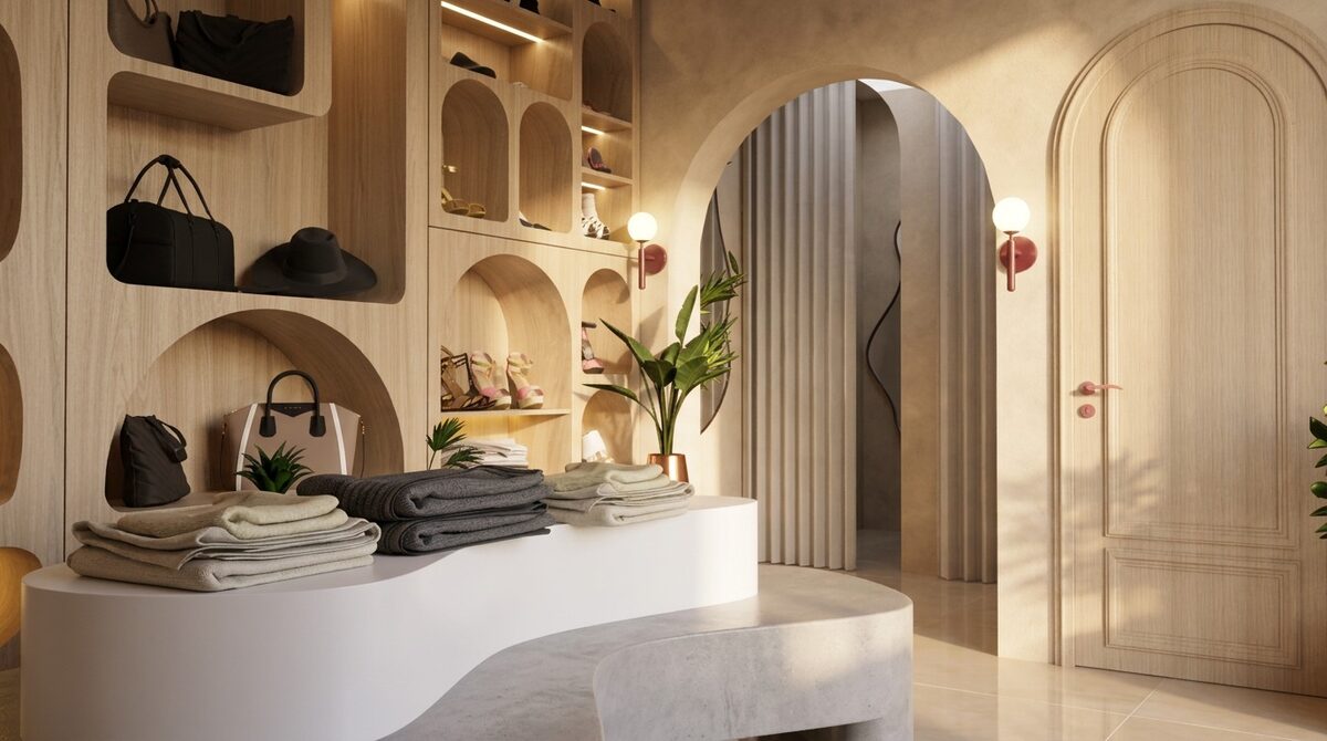 Boutique moderne — Comptoir d’exposition face aux niches de maroquinerie