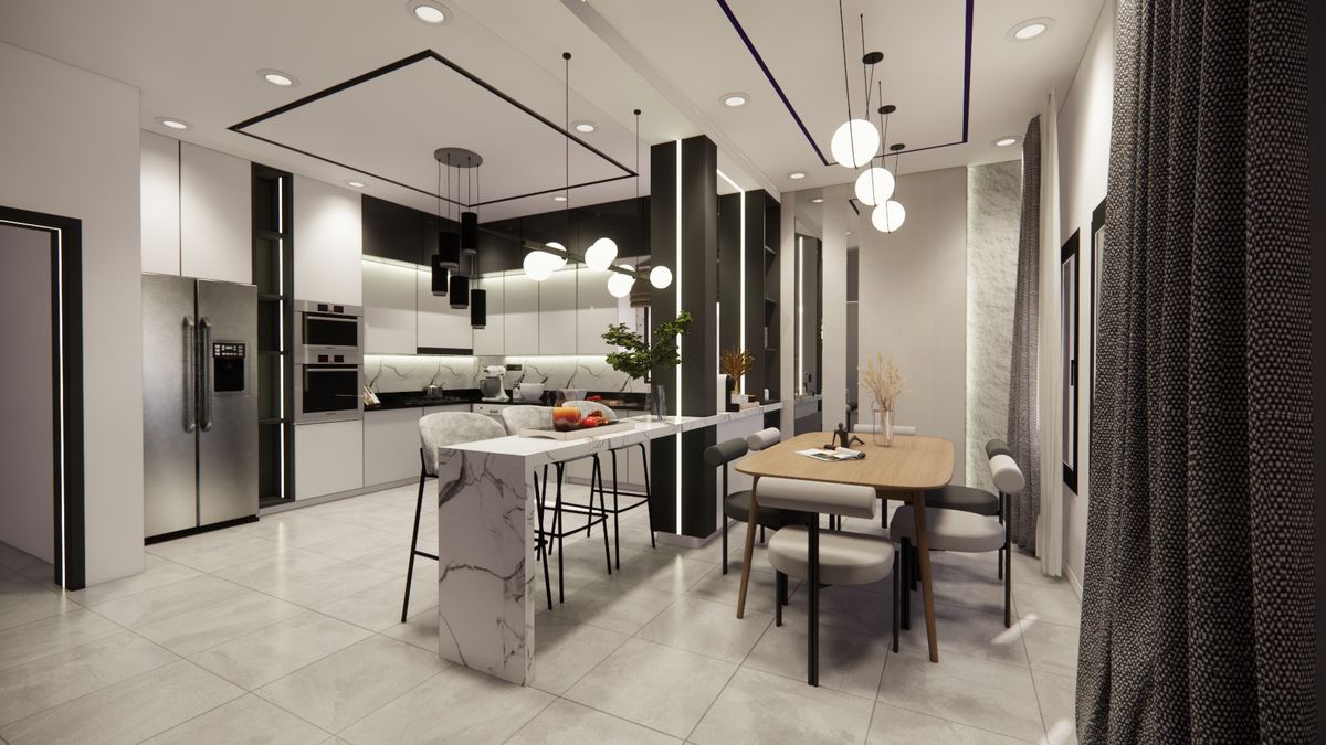 Cuisine moderne — Vue d'ensemble — îlot en marbre et table à manger