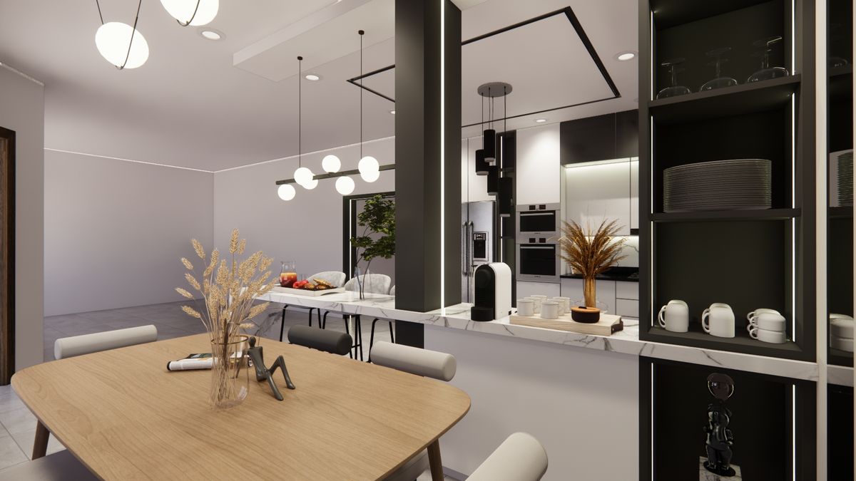 Cuisine moderne — Coin repas, étagères noires et éclairage du soir