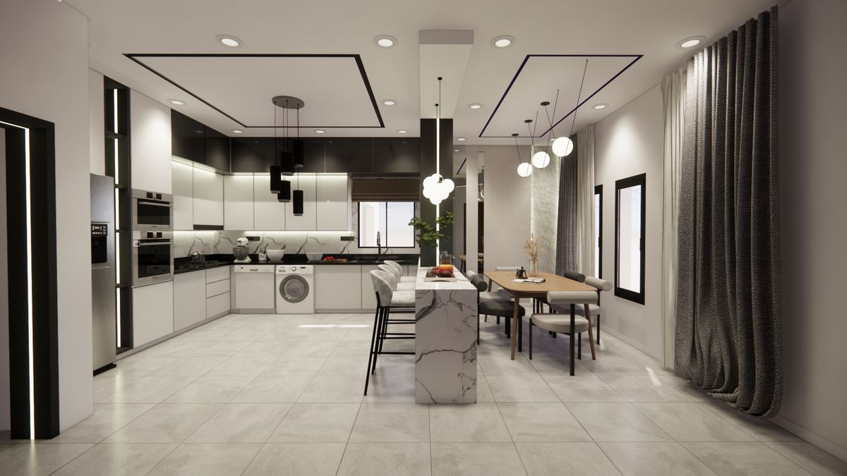 Cuisine moderne — Perspective axiale et faux plafond graphique noir