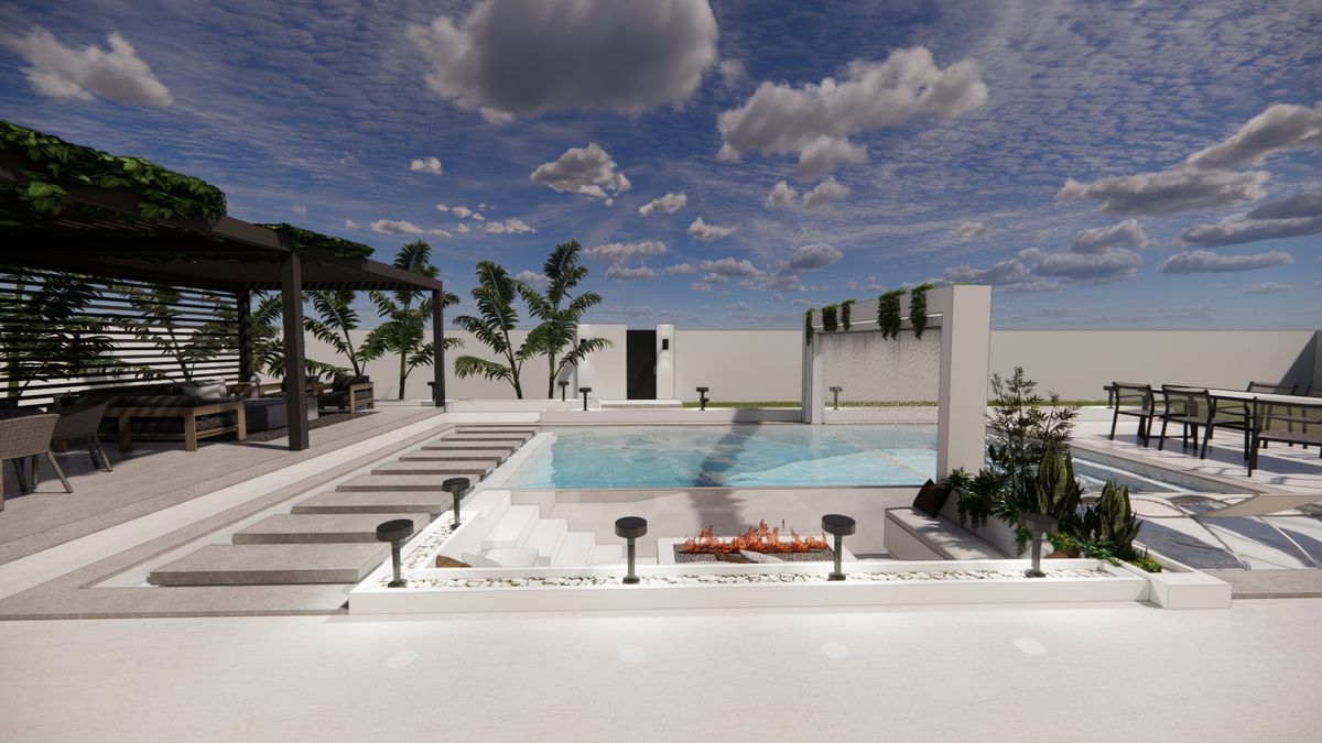 Décor extérieur & piscine — Vue d'ensemble — bassin, massif planté et pergola
