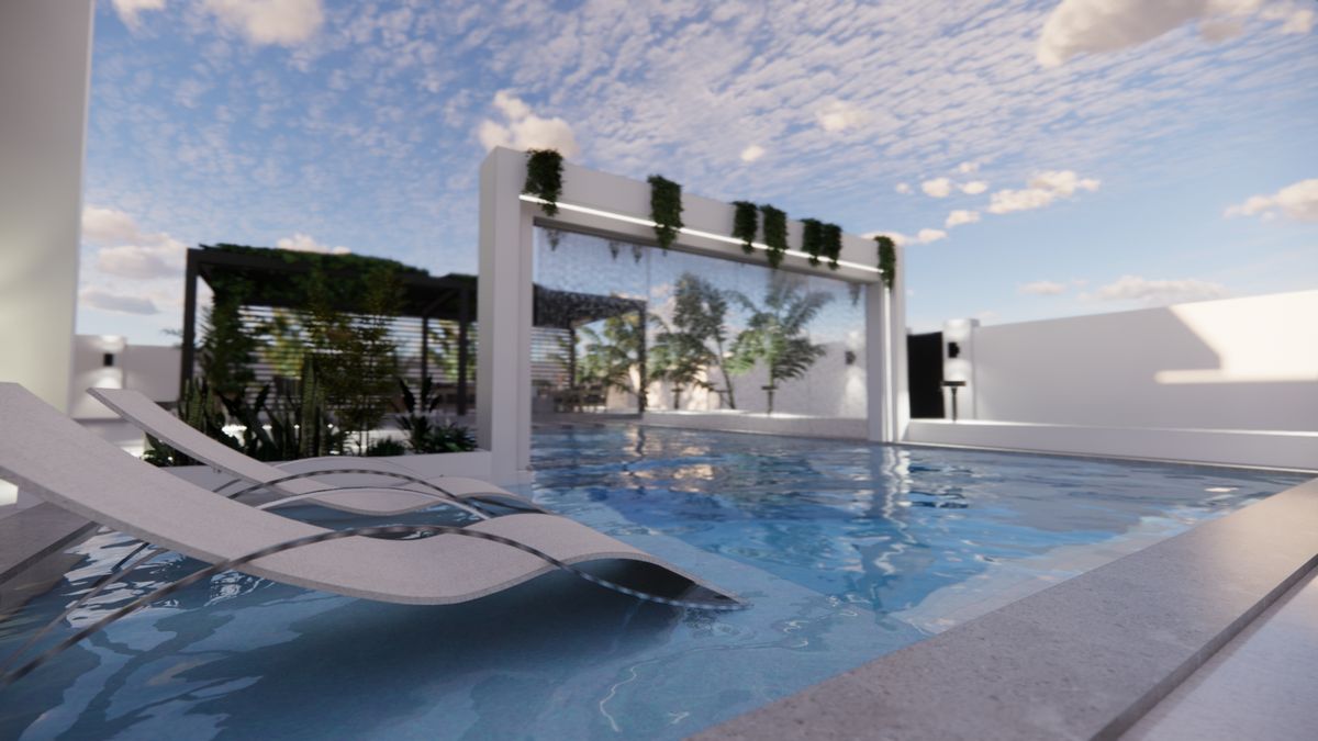 Décor extérieur & piscine — Transat immergé face au rideau d'eau