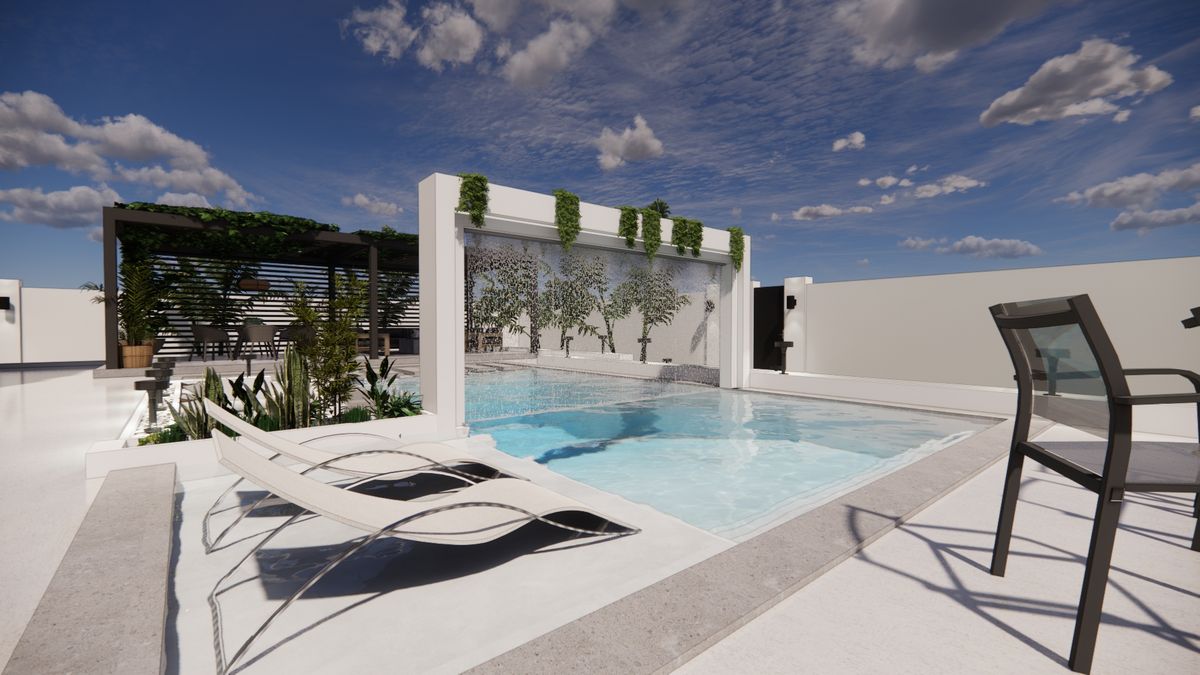 Décor extérieur & piscine — Piscine d'angle, bain de soleil et portique végétalisé