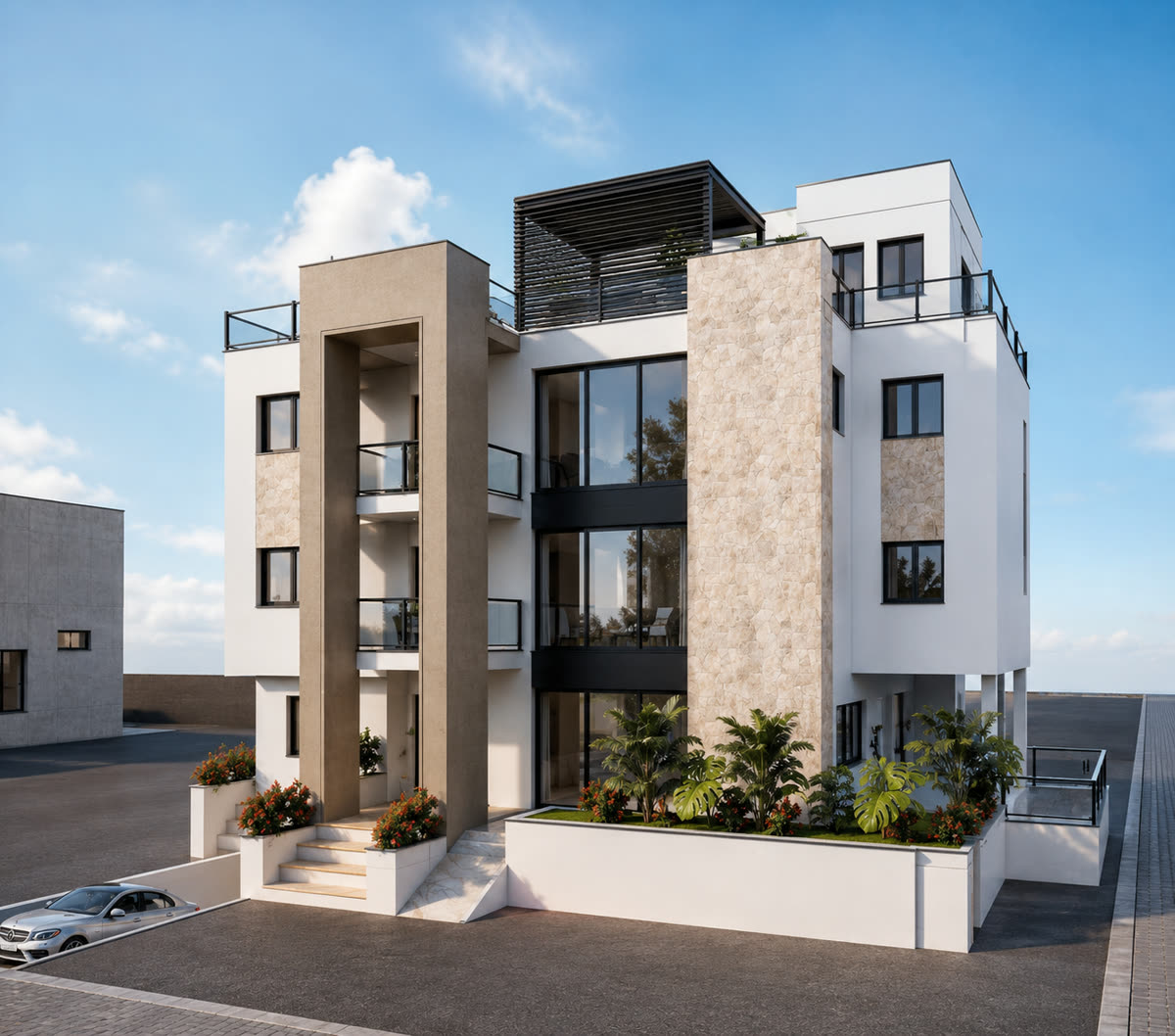 Villa à Hessi el Jerbi — Façade principale — parement en pierre, balcons et jardinières paysagères