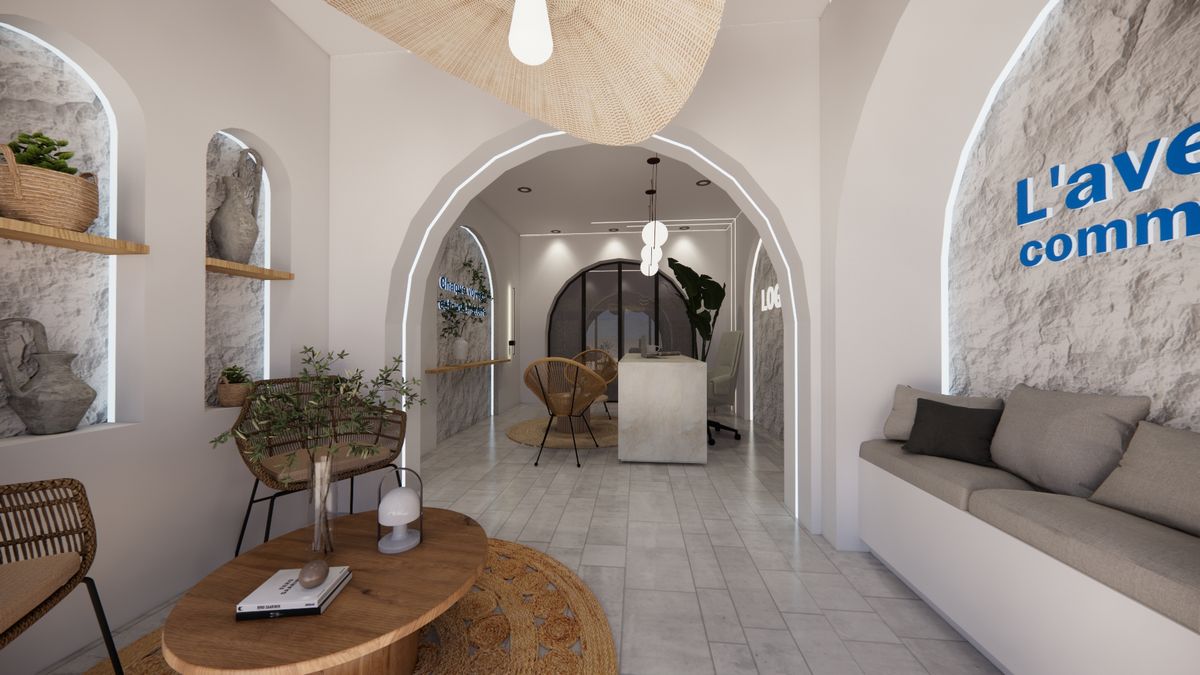 Agence de voyage Kounouz — Entrée en enfilade — arche en pierre et banquette d'attente