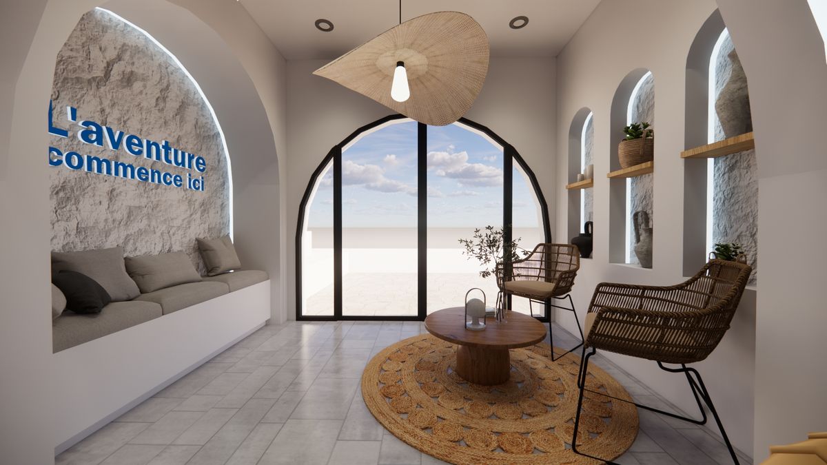 Agence de voyage Kounouz — Lounge « L'aventure commence ici » et baie cintrée