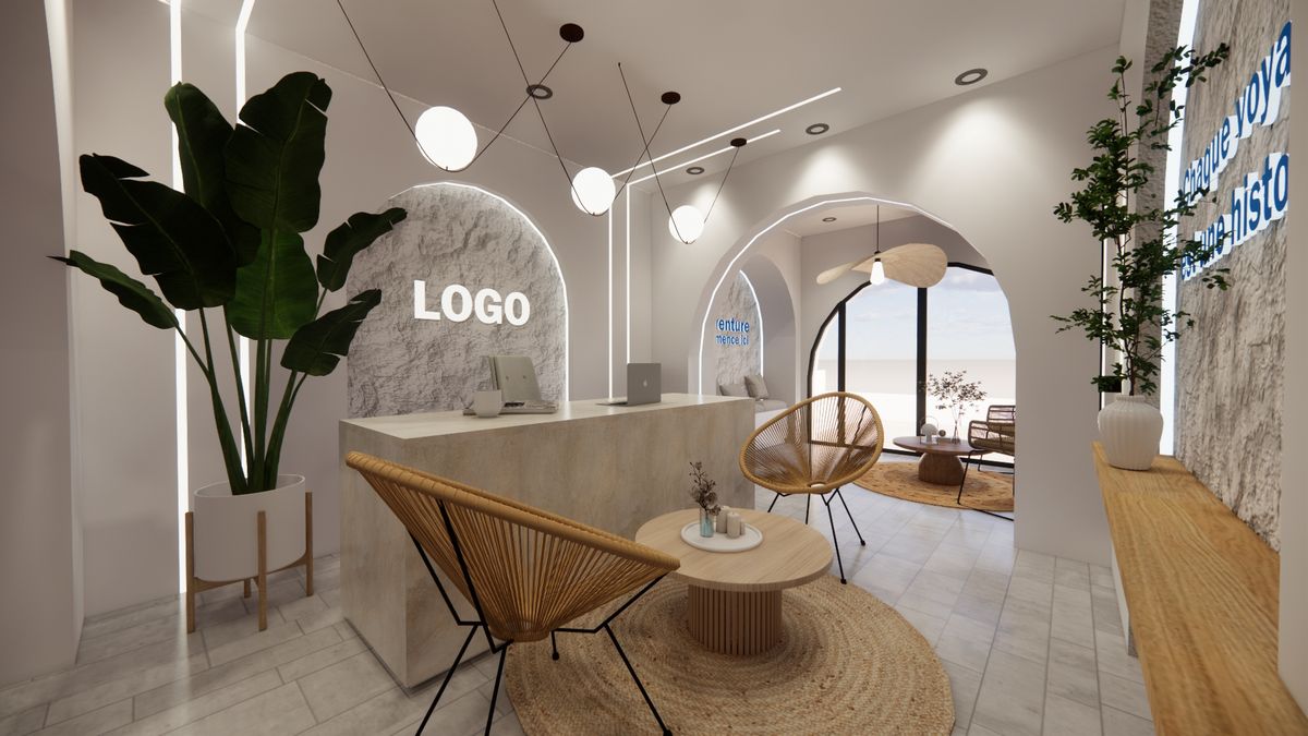 Agence de voyage Kounouz — Banque d'accueil en pierre et fauteuils en rotin
