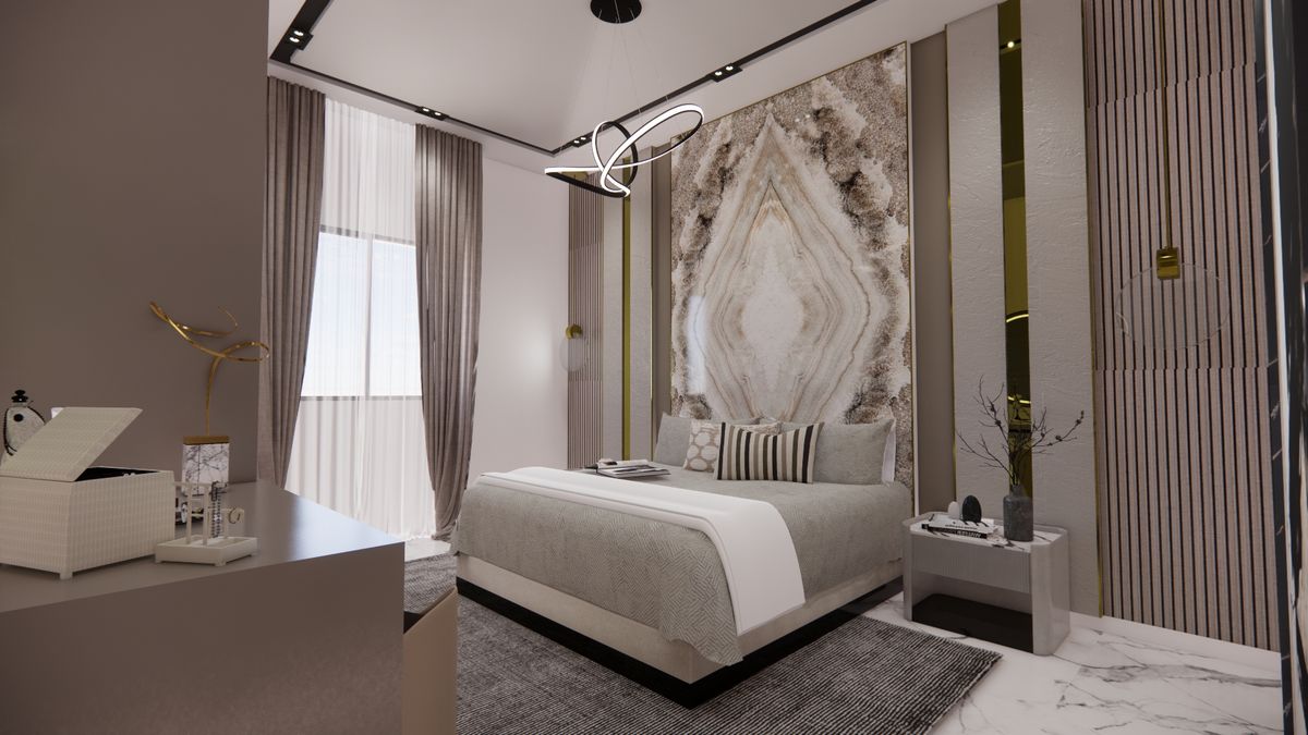 Suites & chambres — Suite parentale — tête de lit en onyx rétroéclairé et laiton