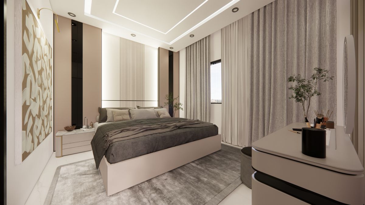 Suites & chambres — Vue depuis la coiffeuse — camaïeu de taupe et lin