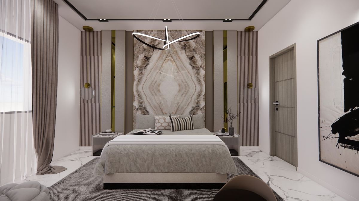 Suites & chambres — Axe symétrique — panneau d'onyx, cannelures et suspension sculpturale