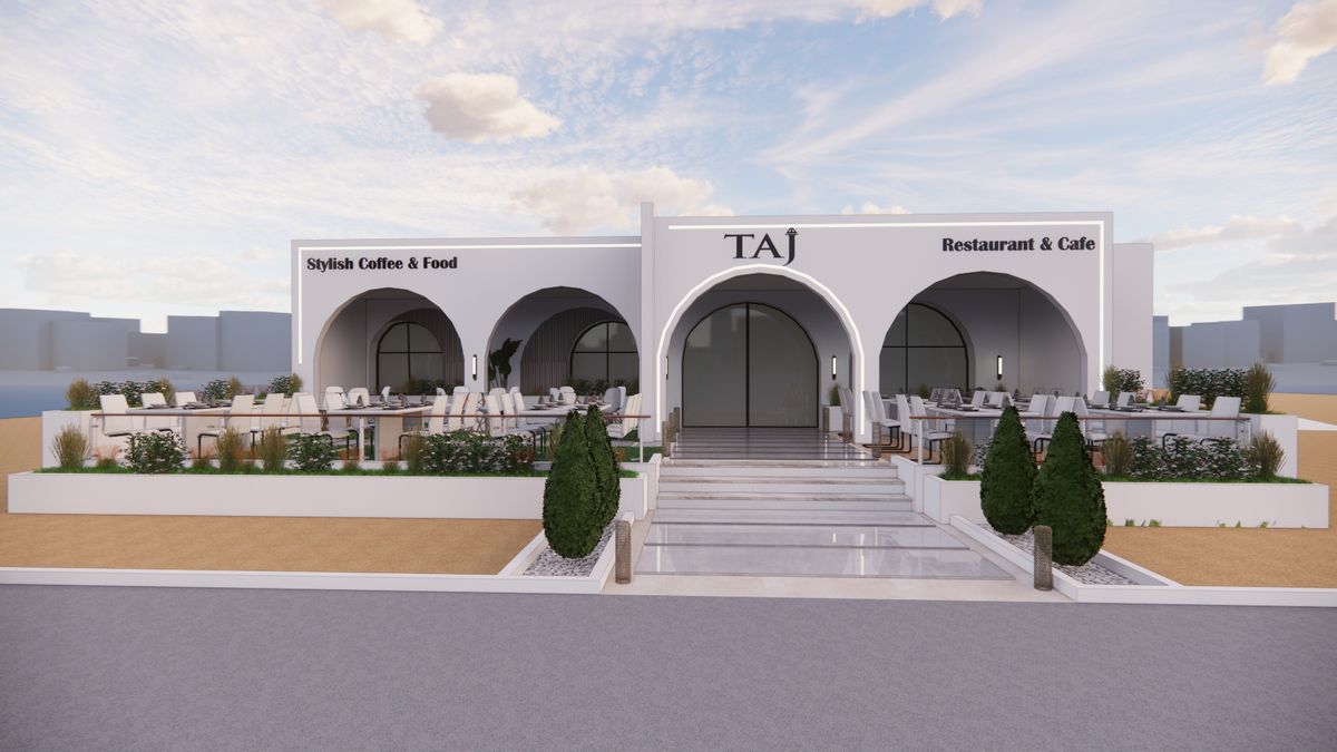 Restaurant & Café Taj — Façade principale — arches blanches et enseigne rétroéclairée