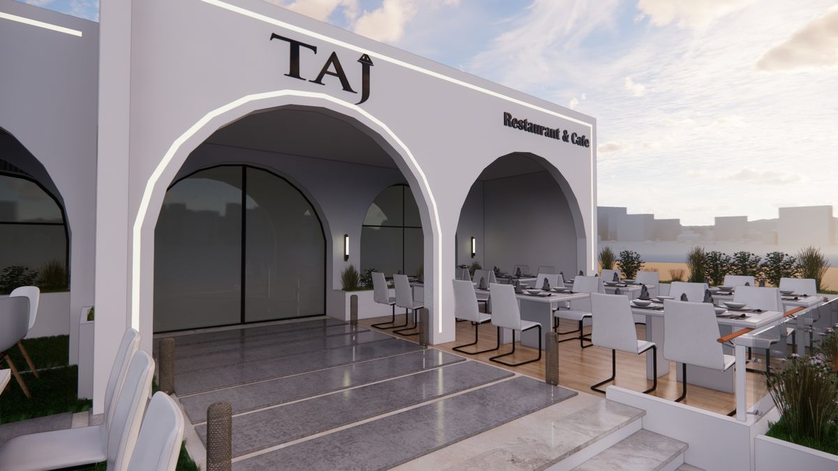 Restaurant & Café Taj — Jardin, massifs fleuris et grandes tablées