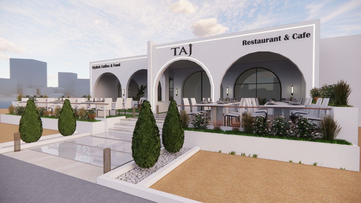 Restaurant & Café Taj — Vue d'angle — terrasse plantée et allée en marbre