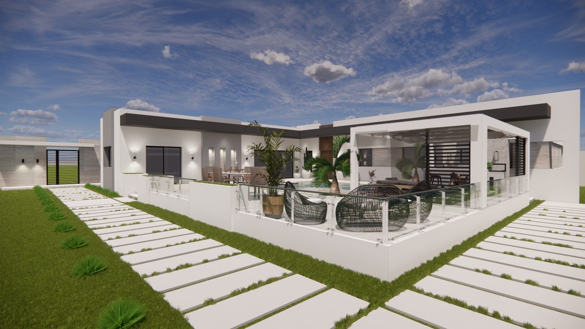 Villa à Mahrès — Façade et allée engazonnée — volumes blancs épurés