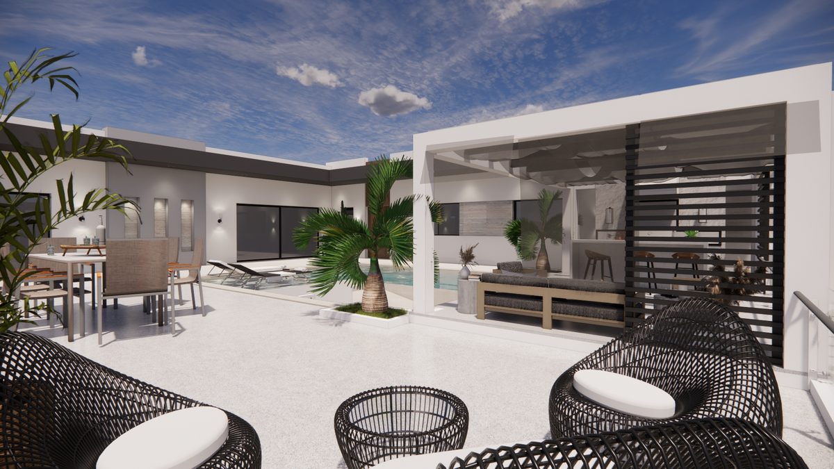 Villa à Mahrès — Terrasse d'angle, salon tressé et cuisine d'été